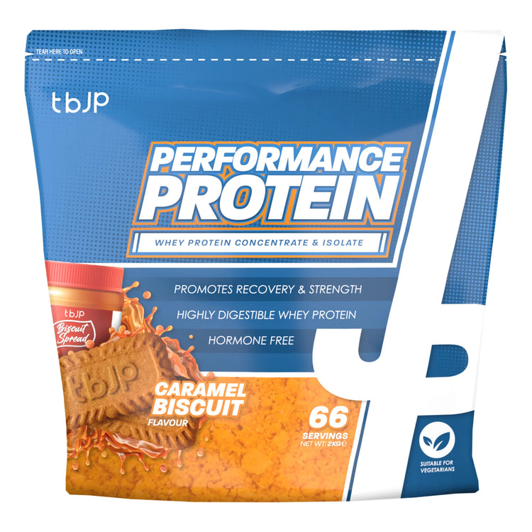 TBJP Performance Protein 2kg pouch, Caramel Biscuit flavour, 66 servings, front of pack