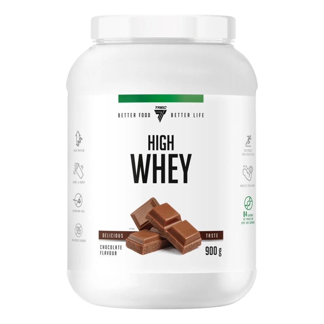 Trec Nutrition High Whey Chocolate flavour 900g tub, front of pack on white background