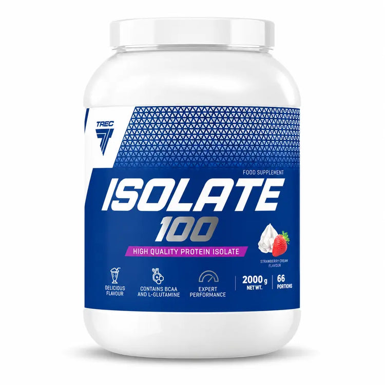 Trec Nutrition Isolate 100 whey protein isolate 2kg Strawberry Cream tub on a white background