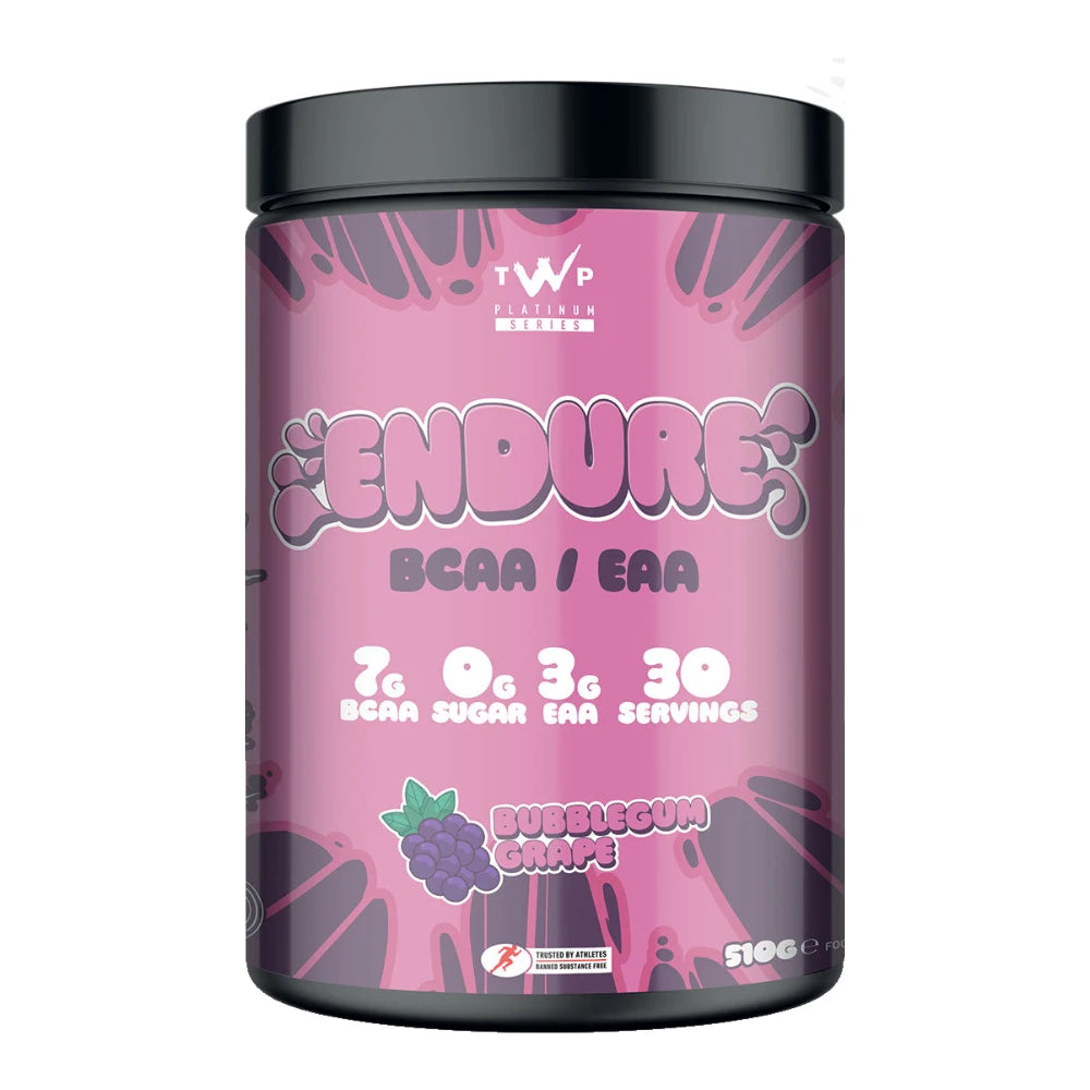 TWP Nutrition Endure BCAA + EAA 510g tub, Bubblegum Grape, front of pack on white background
