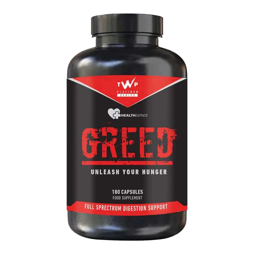 TWP Nutrition Greed 180 capsules bottle, front of pack on white background