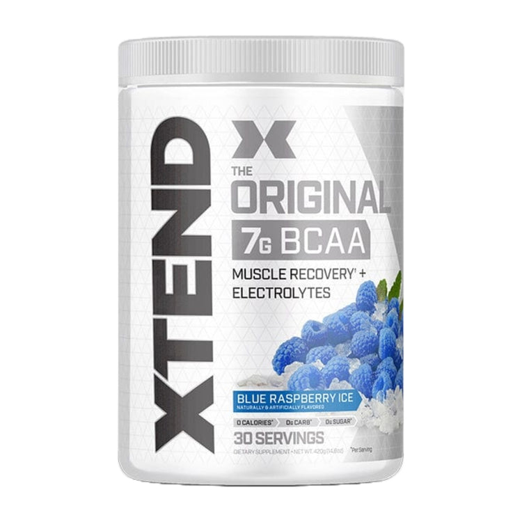 Xtend Original BCAA tub, Blue Raspberry Ice flavour, 30 servings, front of pack